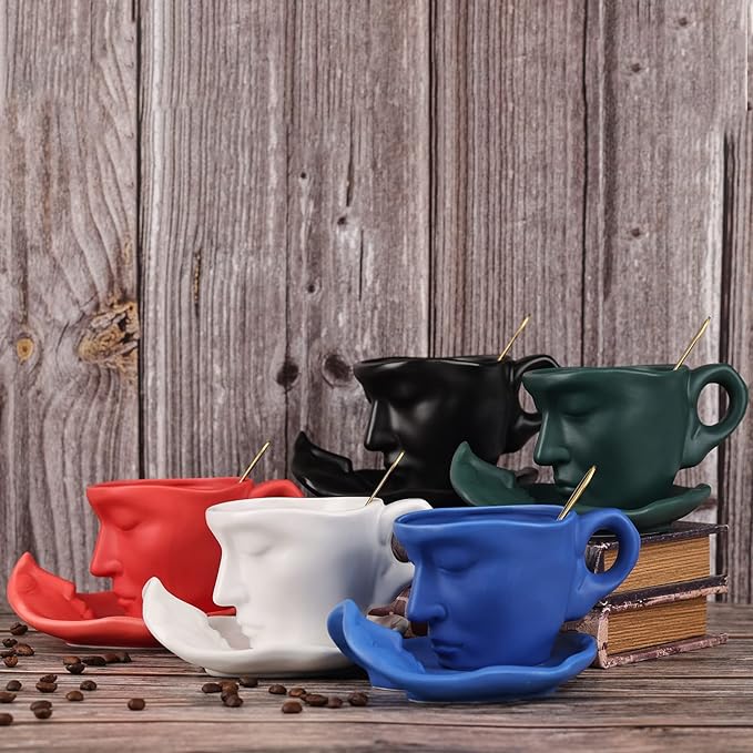 Tea Cup and Saucer Set Ceramic Kissing Couple Coffee Mug Set With Spoon Face Coffee Cup Unique Teacup and Saucer Valentine's Day Christmas Creative Gift