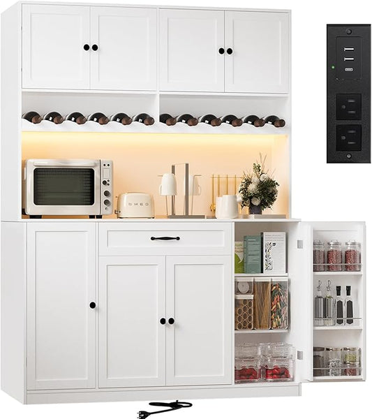 72" Tall Pantry Storage Cabinet with LED Light 55" Wide Kitchen Pantry Cabinet with Charging Station and Adjustable Shelves Modern Kitchen Hutch with Wine Rack and Large Countertop White