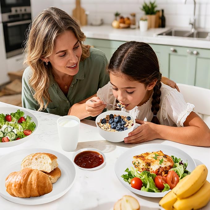 Wheat Straw Plates and Bowls Sets of 16竊똗nbreakable Dinnerware Sets for 4, Microwave & Dishwasher Safe Kids Dish Set for Kitchen, Outdoor, Camping, Party, RV- White