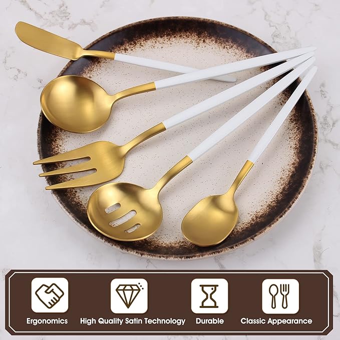 Matte White Gold Serving Silverware Set, 5-Piece Round Shared Utensils Set of Stainless Steel, Hostess Flatware Serving Set, Satin Finish, Dishwasher Safe