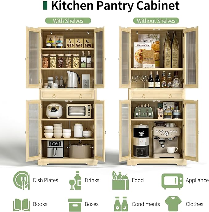 Kitchen Pantry Cabinet with Doors, 72" Tall Storage Cabinet with Adjustable Shelves, Wood Food Kitchen Pantry, Solid Freestanding Cupboard Display Cabinet for Dining Room Living Room