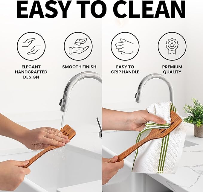Zulay Kitchen Teak Wood Slotted Spatula ??Durable & Heat-Resistant Cooking Utensil for Non-Stick Pans ??Wooden Turner for Stirring, Flipping & Serving - Brown