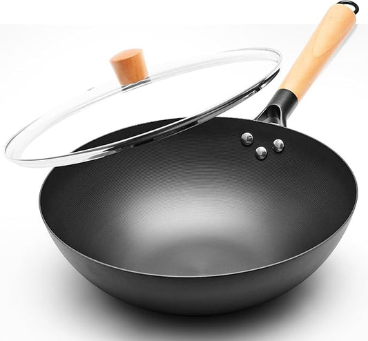 12.6" Carbon Steel Wok Pan, Flat Bottom Stir Fry Pan with Wooden Handle, Traditional Chinese Iron Cookware, Compatible with Gas, Electric & Induction Cooktops