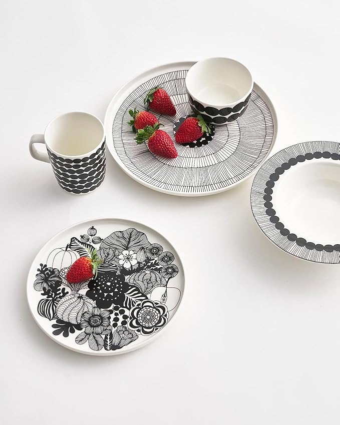 MARIMEKKO Oiva Siirtolapuutarha Dinner Plate ??Refine Your Kitchen D챕cor with Our Iconic Black & White Stoneware ??Stylish White Porcelain Dinner Plates to Elevate Your Dining Experience (10??