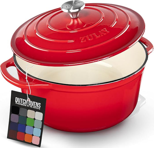 Zulay Kitchen 5 Quart Enameled Cast Iron Dutch Oven Pot with Lid ??Premium Durability & Oven Safe up to 500째F ??Heavy Duty Cookware Perfect for Bread Baking, Stews, Braising & Roasting ??Red