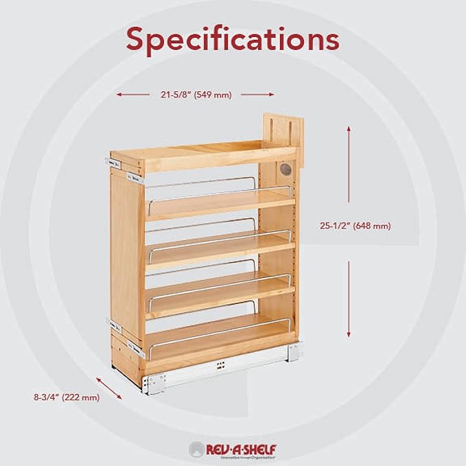 Rev-A-Shelf 8" Pullout Storage Organizer for Base Kitchen/Bathroom Cabinets with Soft-Close Full Extension Slides and Adjustable Shelves, 448-BCSC-8C