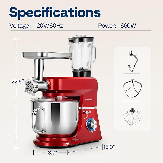 VIVOHOME 6-in-1 Stand Mixer, 8.5 Quart Electric Tilt-Head Kitchen Mixer with Bowl, Multifunctional Food Mixer for Cake, Bread, and Dough, with Meat Grinder, Blender, Pasta Maker Attachments, Red
