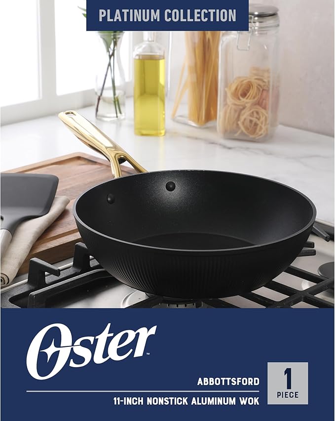 Oster Platinum Abbottsford 11-Inch Matte Black Ceramic Nonstick Wok with Gold Stainless Steel Handle ??Flat Bottom, Oven & Induction Safe