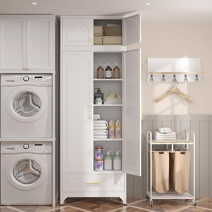 Kitchen Pantry Cabinet竊?0" Storage Cabinets with Doors and Shelves,Metal Pantry Cabinet with Drawers,White Kitchen Cupboard for Livingroom,Pantry, Bathroom