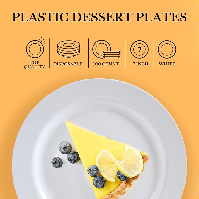 FOCUSLINE 100 Count White Plastic Dessert Plates 7 Inch, Disposable Heavy Duty Plastic Plates for Weddings, Parties and Events
