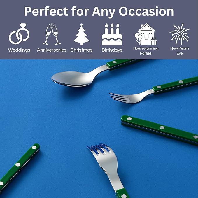 Khen Cutlery Set of 20, 18/8 Stainless Steel Flatware, Modern Silverware for Home, Kitchen, Dining & Table Setting for 4 ??Stainless Steel, Dishwasher Safe, Lightweight & Ergonomic Design Gift - Green