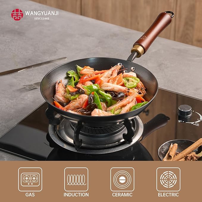 WANGYUANJI Coating-Free Carbon Steel Pan, Flat Bottom Skillet with Removable Heat-Resistant Wooden, High-Heat & Open Flame Compatible (Gas, Electric, Induction) 10.24Inch Frying Pans for Cooking