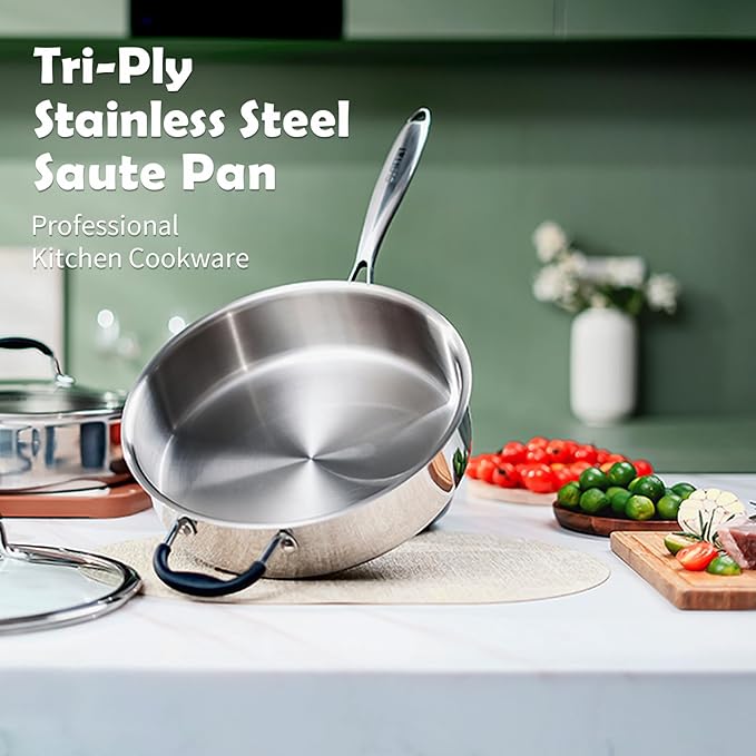 Tri-Ply Stainless Steel Saute Pan with Lid, 5 Quart Deep Saut챕 Pan with Stay Cool Handle,11.5 Inch Frying Pan,Dishwasher and Oven Safe,Induction Stainless Steel Cookware