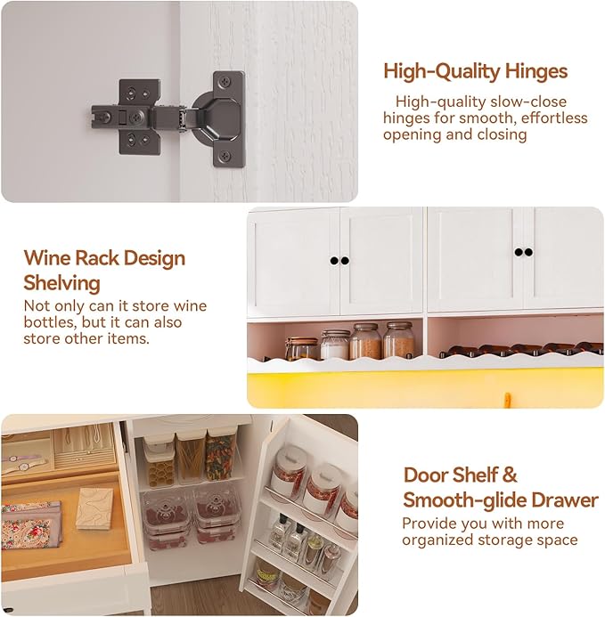 72" Tall Pantry Storage Cabinet with LED Light 55" Wide Kitchen Pantry Cabinet with Charging Station and Adjustable Shelves Modern Kitchen Hutch with Wine Rack and Large Countertop White