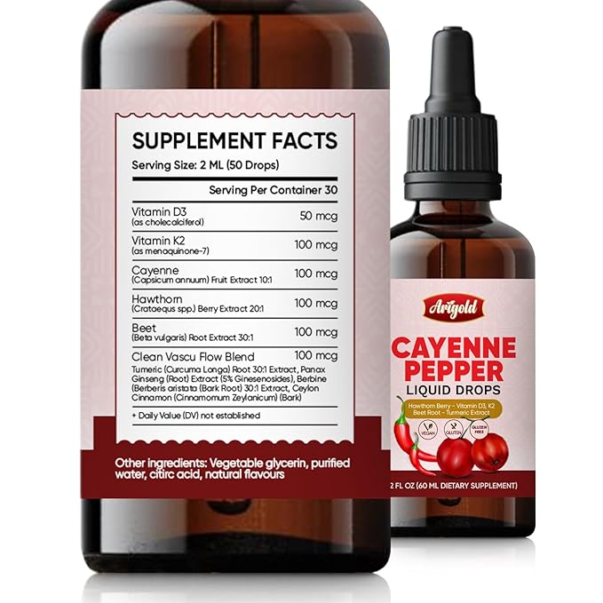 Arigold Cayenne Pepper Drops ??Circulation & Energy Support Liquid Supplement with Hawthorn Berry, Beet Root, Turmeric, Vitamins D3 + K2, Ceylon Cinnamon, Berberine & Ginseng ??Vegan, Non-GMO, 2 fl oz