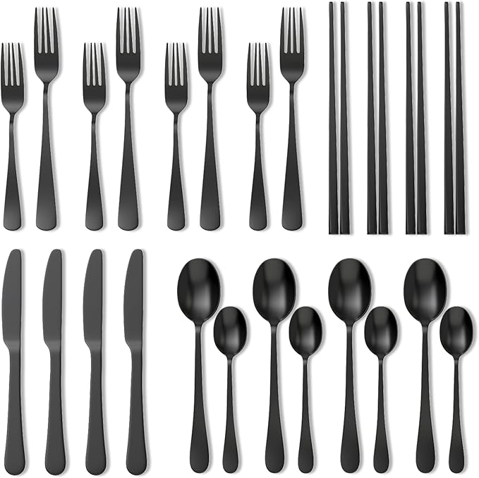Upgraded 18/8 Stainless Steel 28-Piece Flatware Cutlery Set(Black)-Silverware set for 4-Luxurious Home Kitchen Dinnerware Sets-Great Kitchen Accessories-Perfect House Warming/Christmas Gift