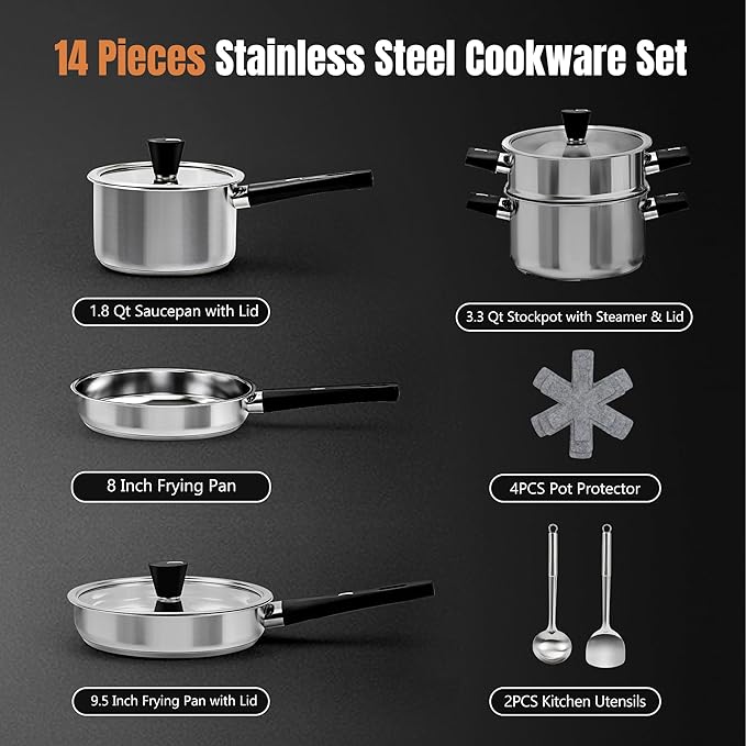 Meythway 14-Piece Stainless Steel Cookware Set for Induction Stovetops ??Non-Toxic Pots & Pans with Stay-Cool Handles, Glass Lids, Steamer, Pot Mats & Utensils ??Dishwasher Safe Kitchen Cookware