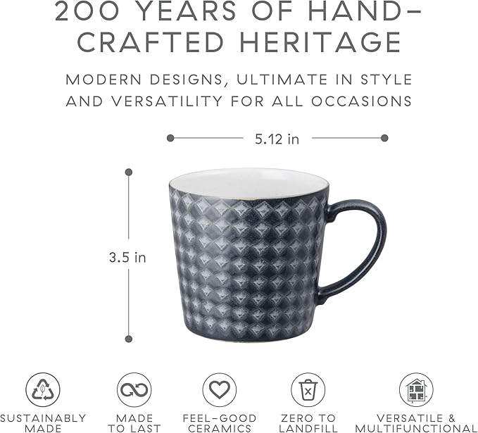 Denby - Impression Mixed Color Large Coffee Mug Set of 4-13.5oz Patterned Stoneware Ceramic Tea Mug Set Patterned, Blue, Pink, Cream, Black - Dishwasher Safe, Microwave Safe