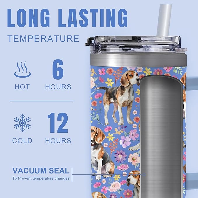 Yogusut Beagle Gifts for Women, 40oz Stainless Steel Insulated Tumbler Travel Mug Cup with Handle Straw, Gifts for Dog Mom Dog Lover
