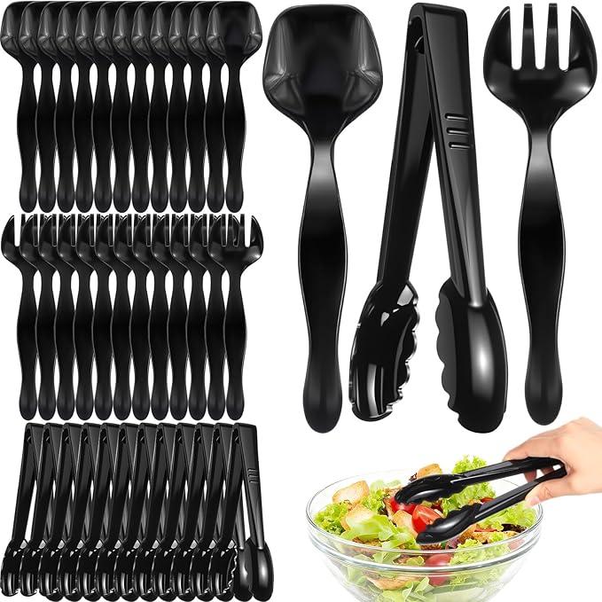 Patelai 36 Pcs Disposable Plastic Serving Utensils Set Including Black Disposable Serving Spoons Forks and Tongs Plastic Buffet Ware Supplies for Party Catering Restaurant Picnic Dinner