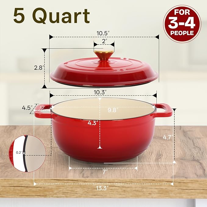 ROVSUN 5 Quart Enameled Cast Iron Dutch Oven with Lid, Dual Handles, Oven Safe up to 500째F or on Stovetop, Compatible for Braising, Stews, Roasting, Bread Baking-Red