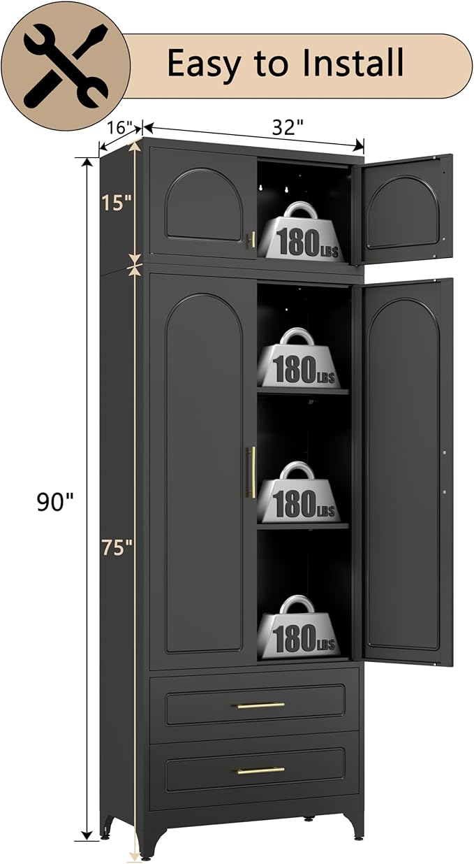 90??Tall Kitchen Pantry Cabinet,Storage Cabinet with Doors and Adjustable Shelves,Modern Kitchen Hutch Cabinets,Freestanding Cupboard for Dining Room