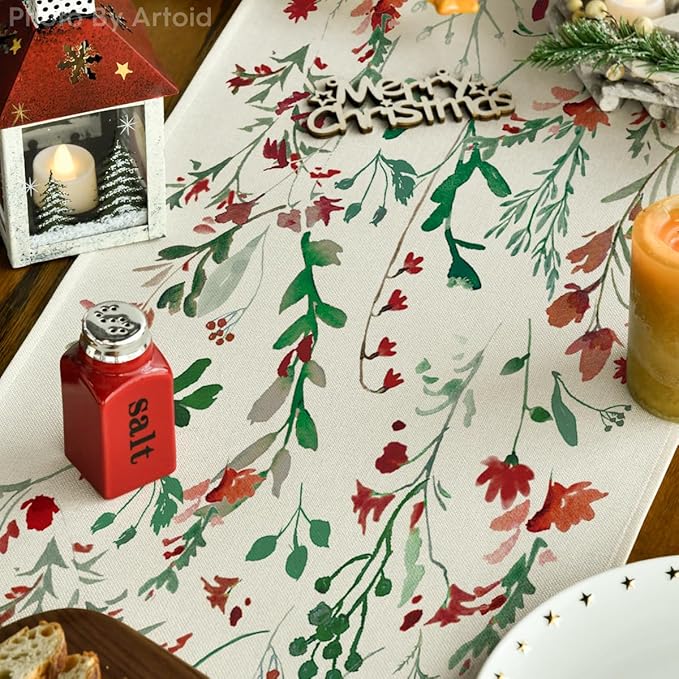 Artoid Mode Floral Leaves Christmas Table Runner, Wild Flowers and Grasses Winter Kitchen Dining Table Decoration for Home Party Decor 13x36 Inch