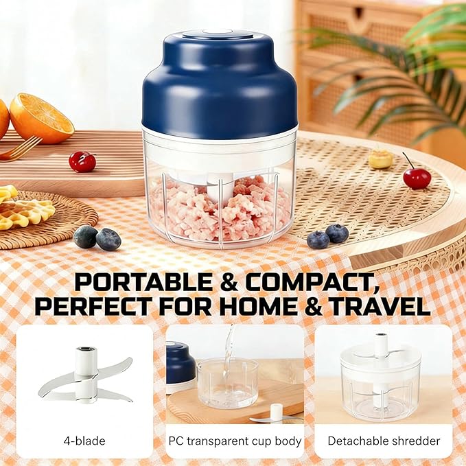 Electric Mini Garlic Chopper Set竊?-in-1 Wireless Garlic Chopper, USB Rechargeable Electric Mini Food Processor for Vegetable, Onion, Ginger, Nut -PC Container,Auto-Lock Safe Chopper Peeler Tool