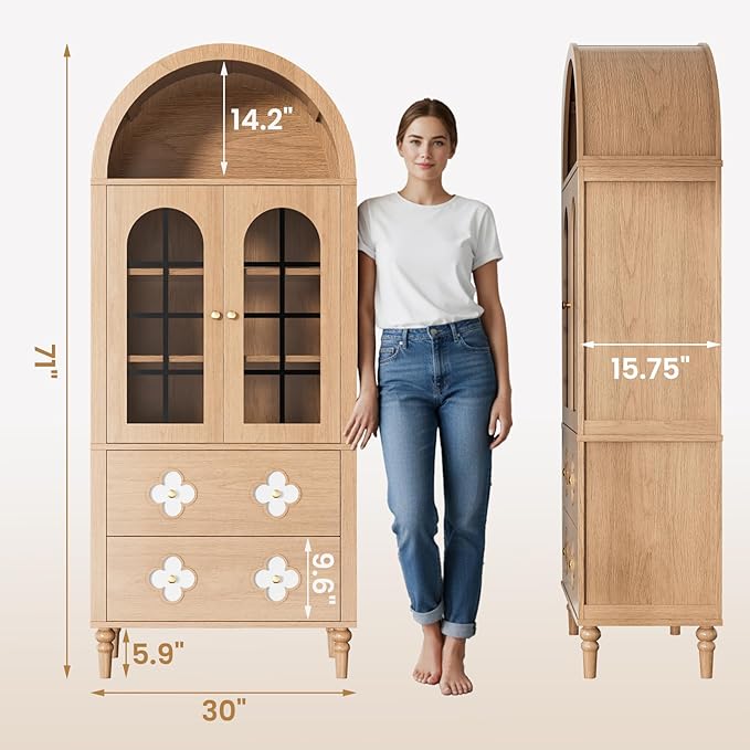 MOPHOTO Arched Cabinet, 71 in Arched Cabinet with Glass Doors, Modern Versatile Pantry Storage Cabinet with 2 Large Drawers for Living Room, Kitchen, Dining Room