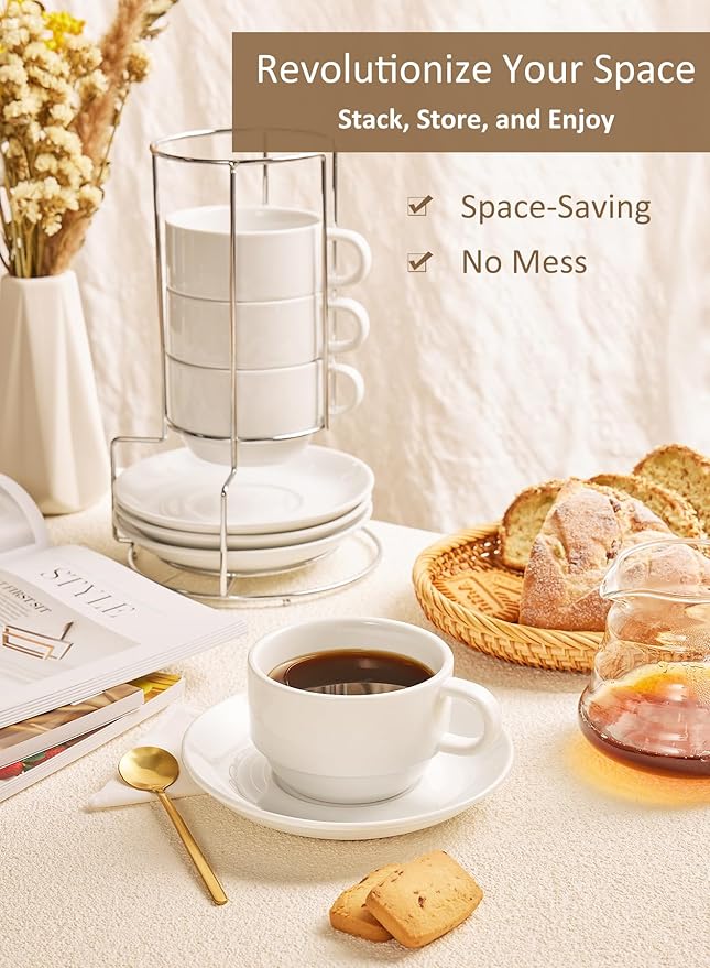 Yedio 8 oz Porcelain Cappuccino Cups with Saucers and Metal Stand, Stackable Coffee Cups for Latte, Americano, Tea ??Set of 4, White