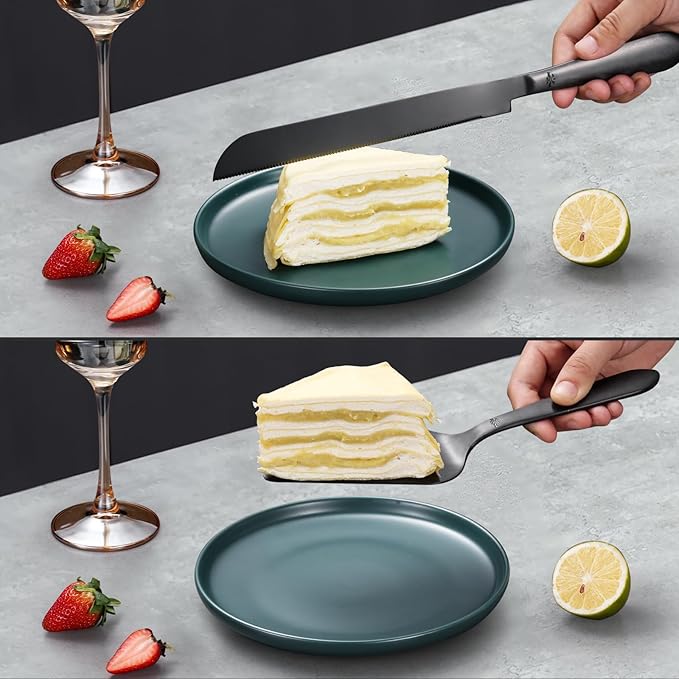 Wedding Cake Knife and Server Set, Integral Stainless Steel Longer Cake Cutter and Wider Pie Spatula, Elegant Cake Cutting Serving Set for Party Birthday Bridal Shower Set of 2, Matte Black