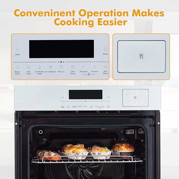 24" Built-in Single Wall Oven, 2.5 Cu.Ft (70L) Capacity - Electric Oven with Steam Bake, Air Fry & 3D Convection, Touch Controls, Timer, Safety Lock, Triple-Layer Glass Door, 3000W 240V, Silver