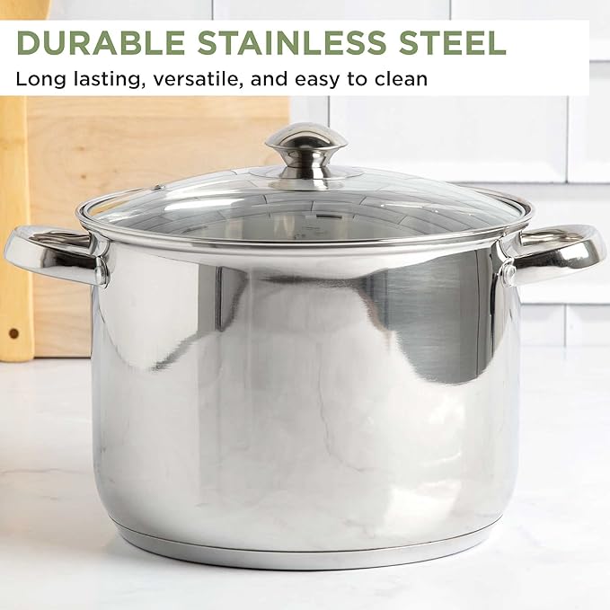 Ecolution Stainless Steel Stock Pot, Encapsulated Induction Ready Cooking Pot with Glass Lid, Oven Safe, Dishwasher Safe Soup Pot, 8-Quart