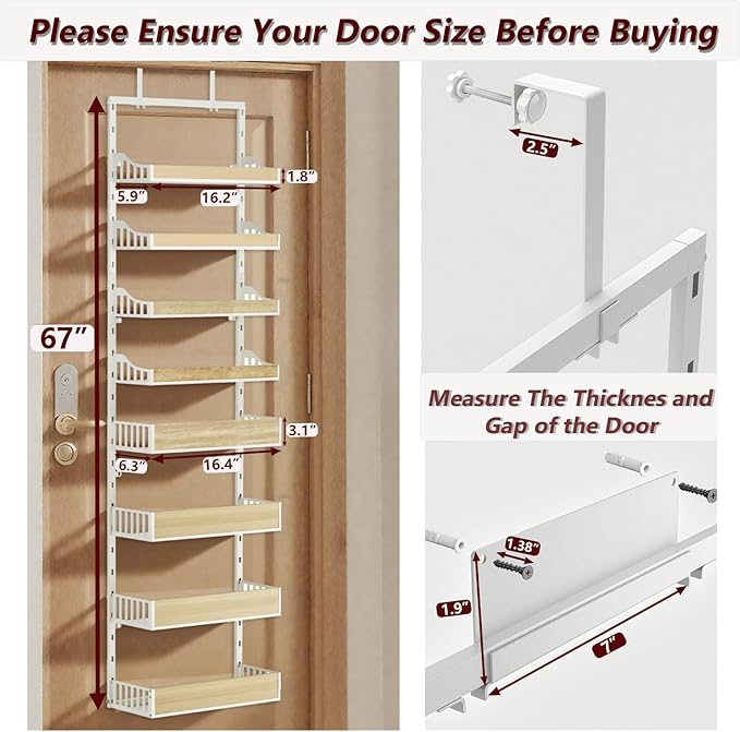 Over the Door Pantry Organizer, 8-Tier Door Organizer Hanging, Spice Rack with Adjustable Baskets, Heavy Duty Door Organizer for Kitchen Storage Metal Hanging for Laundry Bathroom Bedroom, White