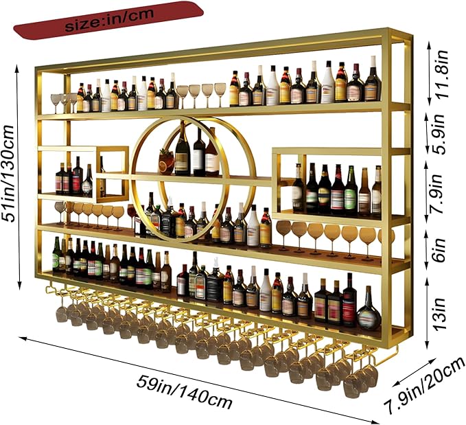 Wall Mounted Wine Rack, Modern Industrial Hanging Liquor Bottles Shelves with Wine Glass Holder, Metal Floating Wine Storage Display Shelf, for Bar, Kitchen, Wine Cellar (Gold, 140cm/55.1in)