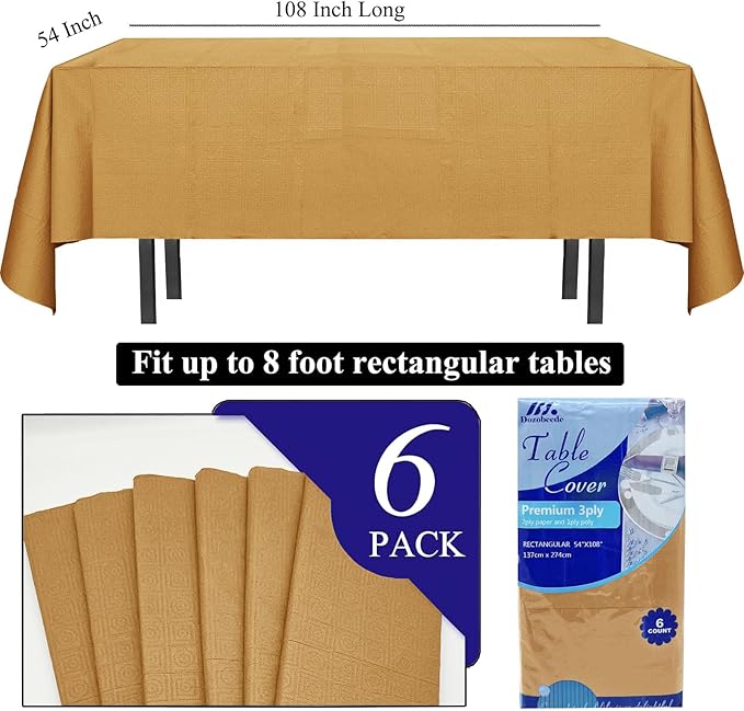 [6 Pack] Gold Paper Tablecloth Disposable for Rectangle Tables, 54 X 108 Inch Party Table Cover with Plastic Backing, Waterproof 3 Ply Table Cloth for Fall Thanksgiving Harvest
