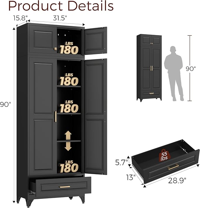 Metal Storage Cabinet, 90" Black Pantry Cabinet with 4 Doors and 4 Adjustable Shelves, Tall Cabinets for Dinning Living Room and Dining Room