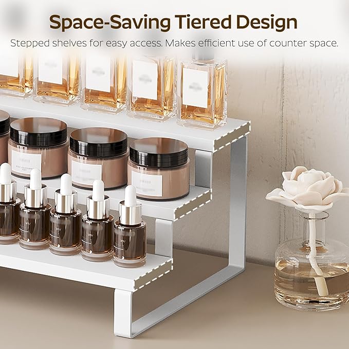 Spice Rack, Wooden Display Riser Stand, Set of 2, Vanity Display Stand, Perfume Organizer, Tiered Countertop Organizers, Space Saving, for Kitchen Spices,Syrup, Coffee Mugs, White SR03L2WW