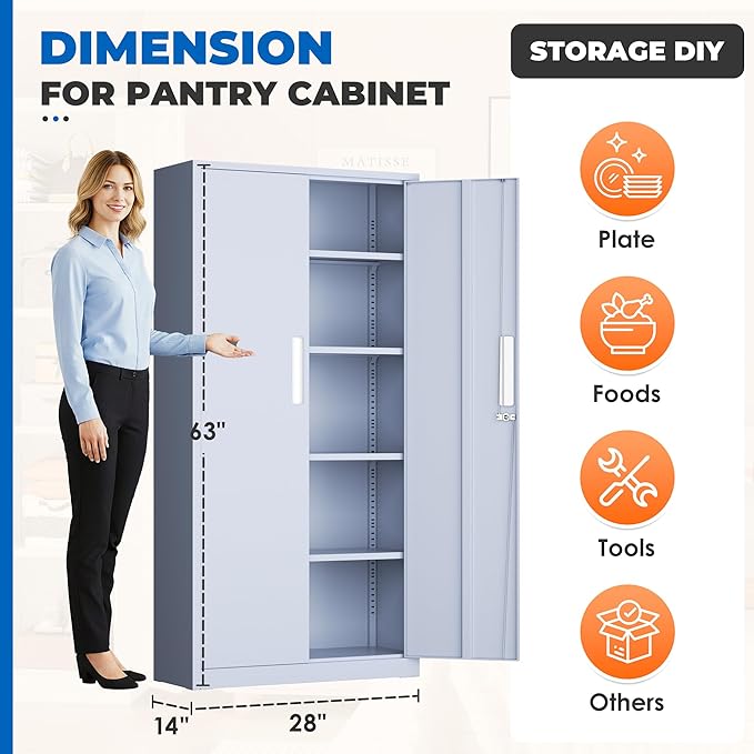 INTERGRAET 63" Tall Pantry Cabinet,Kitchen Pantry Storage Cabinets with 2 Doors and 4 Shelves,Cement Gray Metal Storage Cabinet,Cupboard for Home,Kitchen,Living Room/Dining