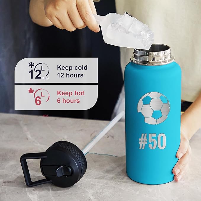 Personalized Laser Engraving Custom Water Bottle Print in USA 32oz Double Wall Stainless Steel Leakproof Wide Mouth Cup with Flip Straw