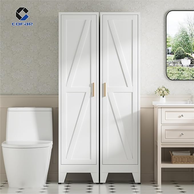 COFaR 67'' Tall Slim Bathroom Storage Cabinet, Metal Narrow Bathroom Cabinet with 4 Adjustable Shelves and One Door, Skinny Cabinet Storage for Kitchen Laundry, White Farmhouse 5 Tiers