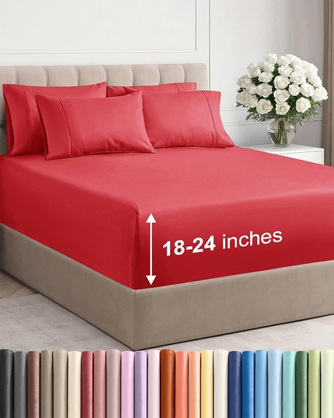 Extra Deep Full Sheet Set - 6 Piece Breathable and Cooling Sheets - Hotel Luxury Bed Sheets Set - Easy & Secure Fit - Soft, Wrinkle Free and Comfy Sheets Set - Red Sheet Set with Extra Deep Pockets