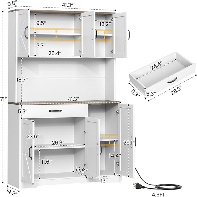 71" Pantry Cabinet with Charging Station, Large Capacity Kitchen Hutch Storage Cabinet, Kitchen Cabinet with Microwave Stand, Storage Drawers & Adjustable Shelves for Dining Room, White