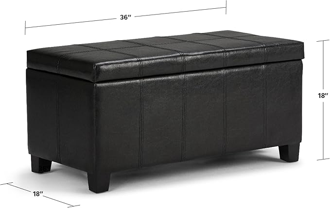 SIMPLIHOME Dover Storage Ottoman Bench - 36 inch Wide Upholstered Vegan Leather Rectangular Lift-Top Ottoman in Midnight Black, Contemporary Bench for Living Room with Safety Hinges