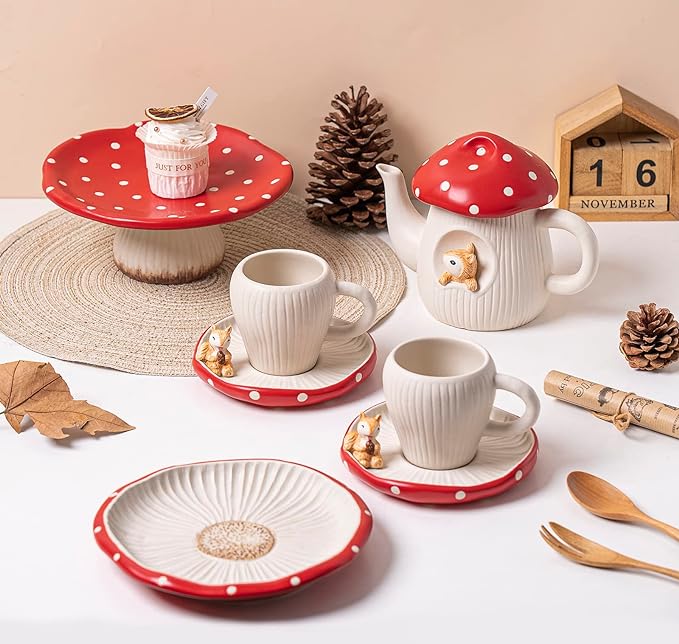 Mushroom Salad Plate, 8 in Polka Dot Safety Ceramic Dessert Appetizer Plates, Cute Dinner Plates, Dessert, Dish, Cake & More.
