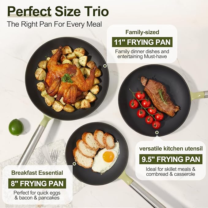 KOKHUB Non Toxic Frying Pan Set 3 Piece, 8" 9.5" 11" Non Stick Titanium Enamel Cast Iron Skillets, PFOA/PFAS Free Cooking Pans, Dishwasher & Oven Safe, All Cooktops Compatible, Sage Green