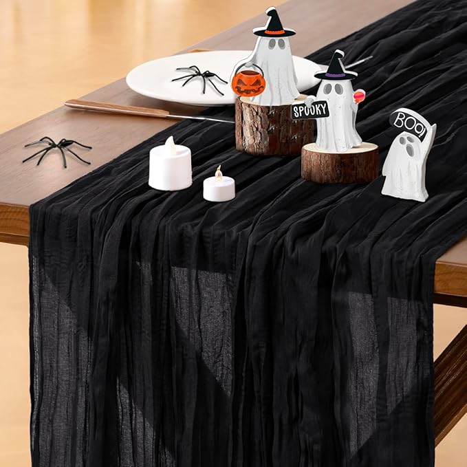 Socomi 3pcs Black New Year Valentine's Day Cheesecloth Table Runner Boho Rustic Gauze 120 inch 10FT Cheese Cloth Runner for Wedding Party Baby Shower Birthday Home Decor Holiday Decorations
