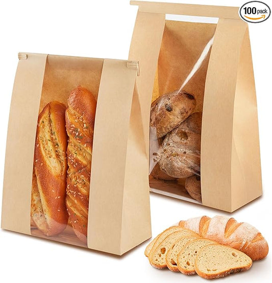 100 PCS Large Paper Bread Bags, 13.7 x 8.2 x 3.5 Inches Bakery Bags with Window, Homemade Bread Loaf Bags with Tin Tie Tab Lock and Seal Stickers