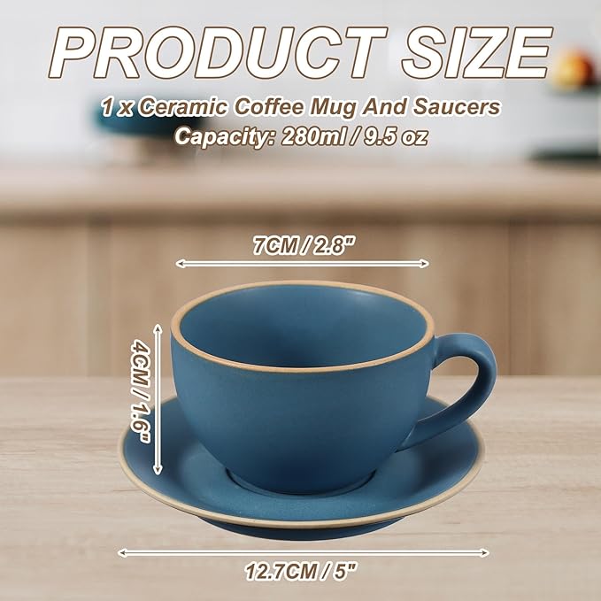uxcell Handmade Vintage Espresso Cups, 3 oz Coffee Cups and Saucers Ceramic Tea Cup with Handle Dishwasher and Microwave Safe for Latte Cappuccino Milk Office Home Gifts, Morandi Blue