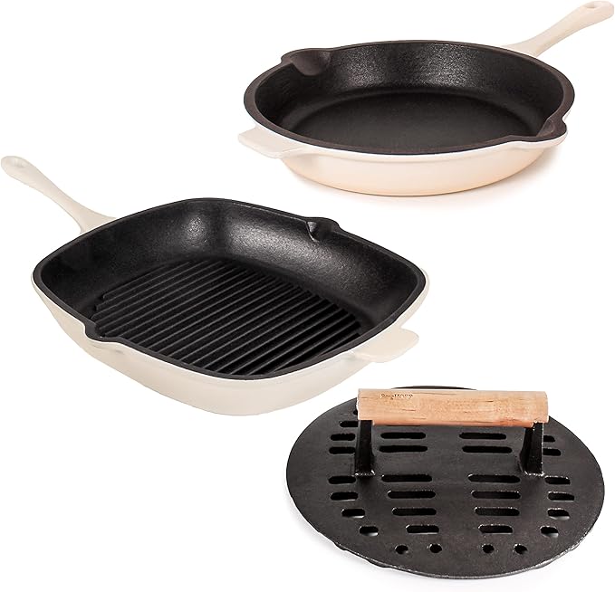 BergHOFF Neo 3Pc Enameled Cast Iron Cookware Set, Fry Pan 10 inches, Grill Pan 11 inches, Slotted Steak Press, Fast, Evenly Heat, Oven safe (Meringue)